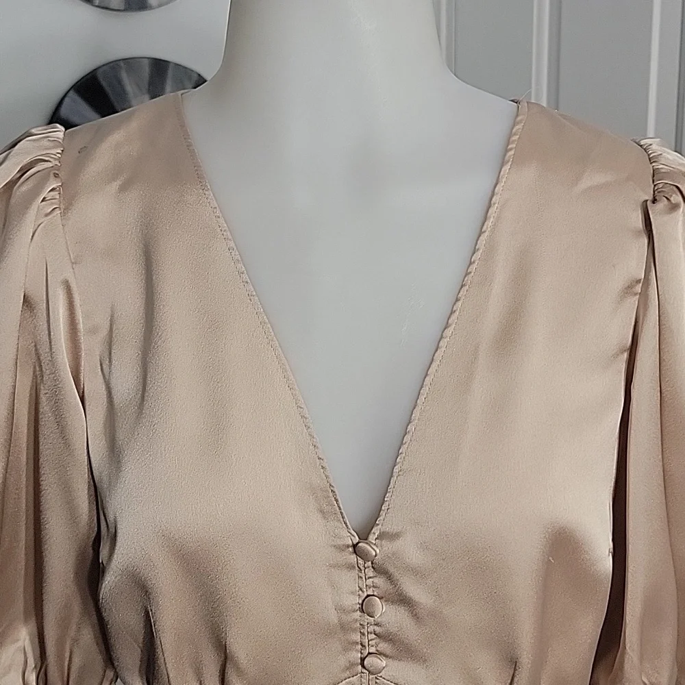 Abercrombie & Fitch Deep V Ruched Puff Sleeve  Button Front Blouse M